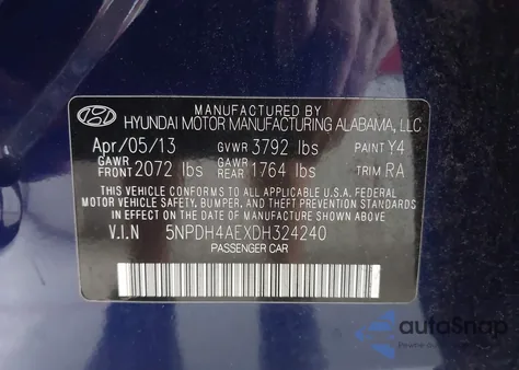 2013 Hyundai Elantra Gls z USA, uszkodzony, nr VIN 5NPDH4AEXDH324240
